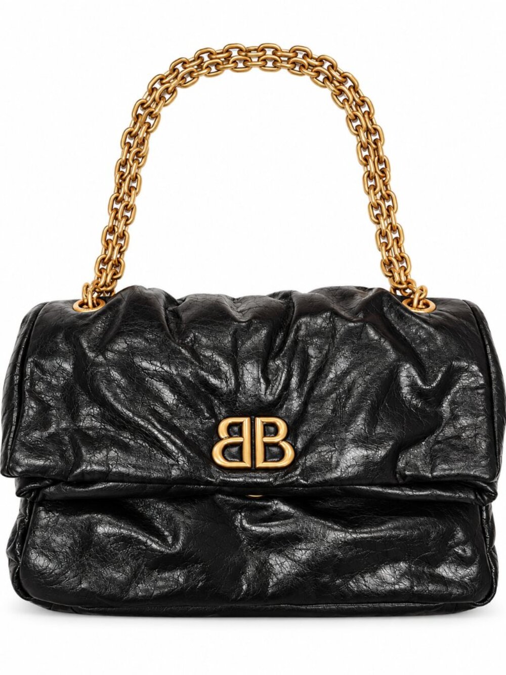Luxury Golden Chain Shoulder Bag Black Crinkled Leather Gold Logo NWOT